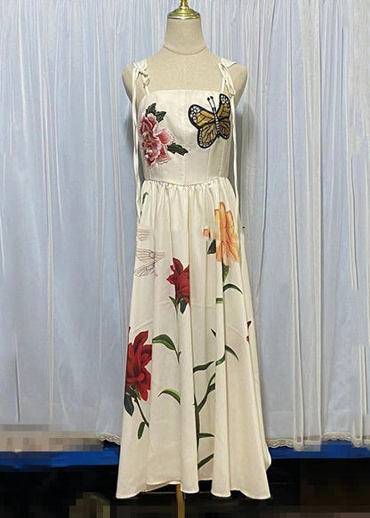 Apricot Embroidered Lace Up Cotton Dresses Sleeveless