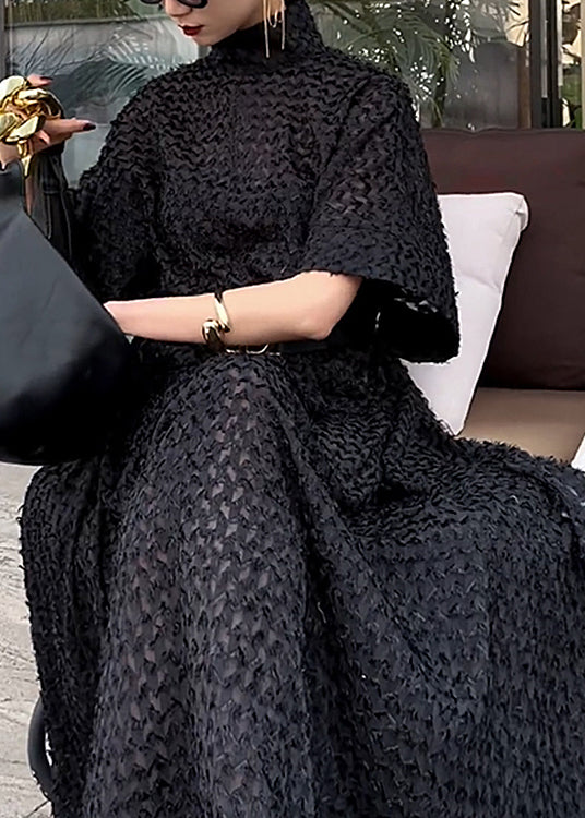 Black Hign Neck Tie Waist Cotton Dresses Fall