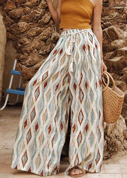 Plaid Print Elastic Waist Cotton Wide Leg Pants Summer