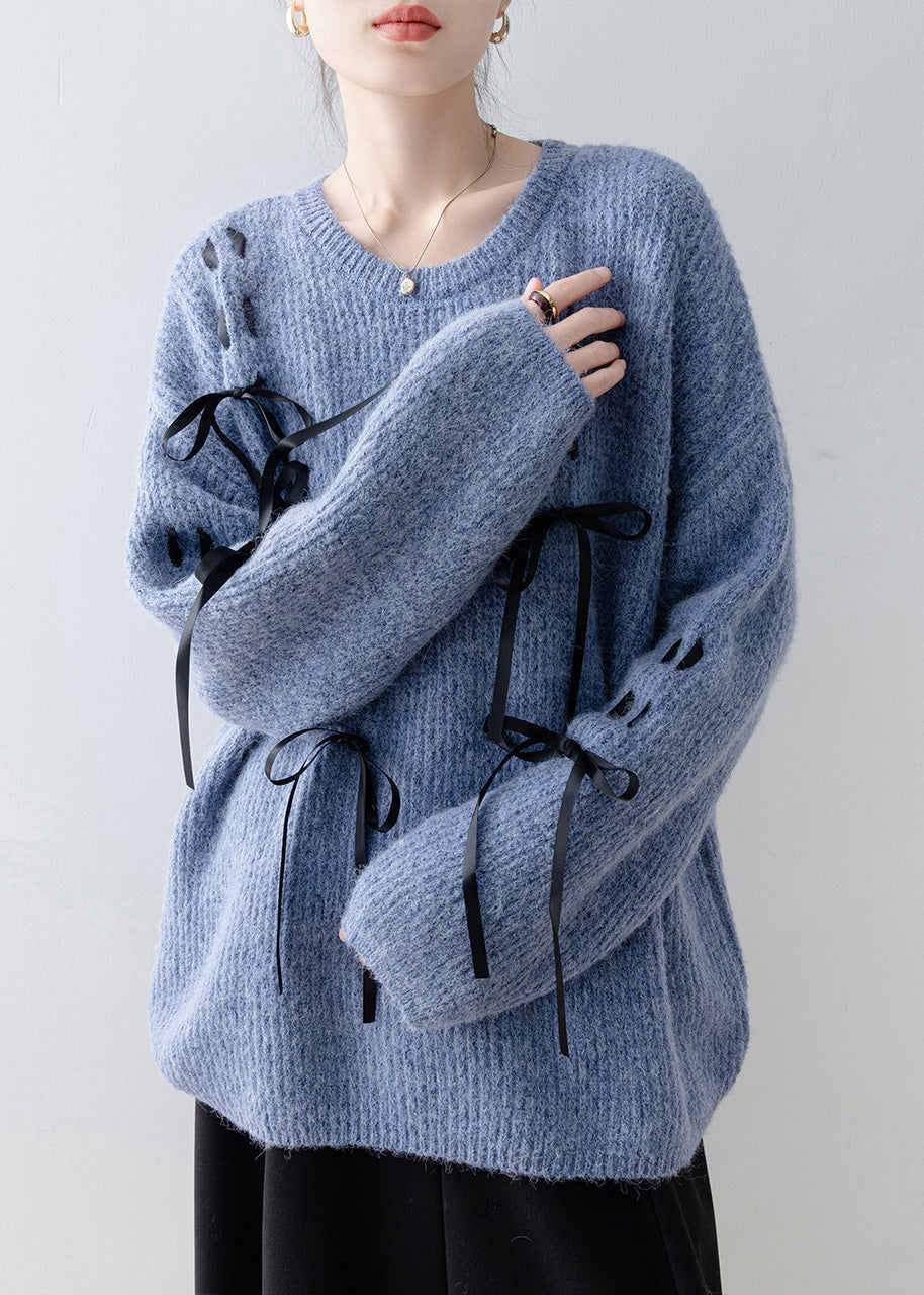 Style Blue O Neck Bow Knit Sweaters Spring