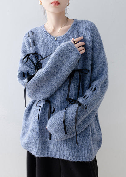 Style Blue O Neck Bow Knit Sweaters Spring
