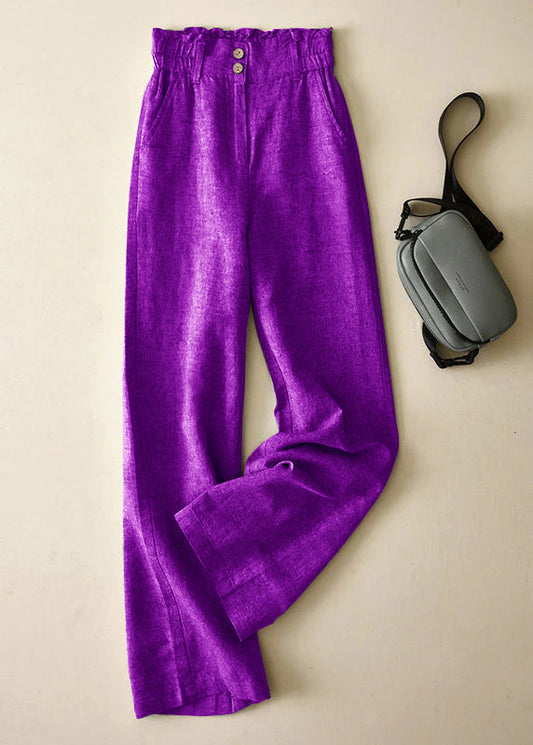 Blue High Waist Button Linen Straigh Pants Summer