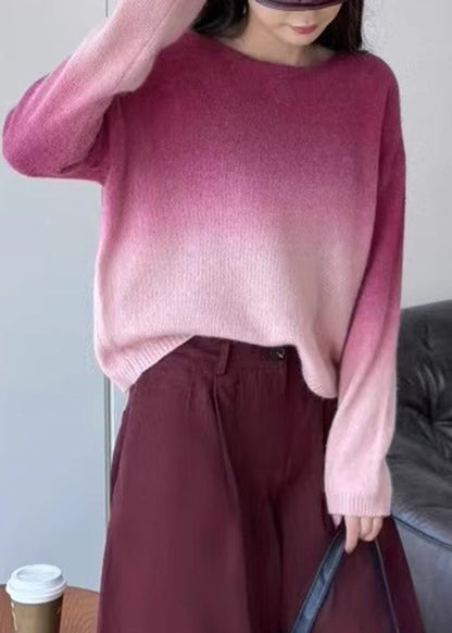 Gradient Color Pink O-neck Cotton Knit Sweaters Winter