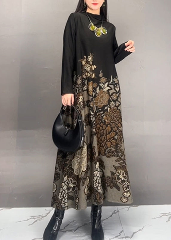 Brown Stand Collar Print Long Dresses Fall
