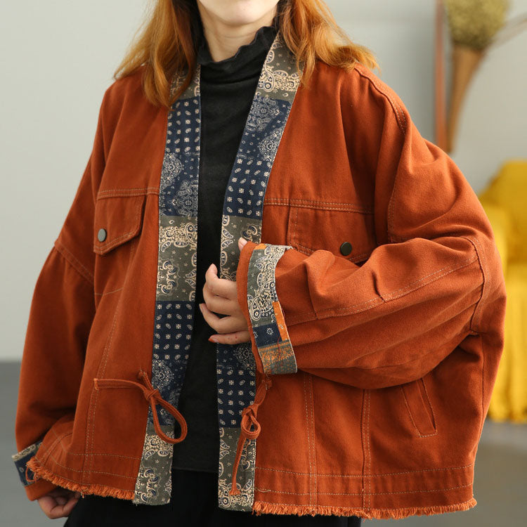 Orange Retro Patchwork Loose Fall Coat