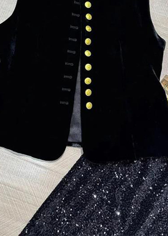 Black O-neck Button Silk Velour Waistcoat Sleeveless