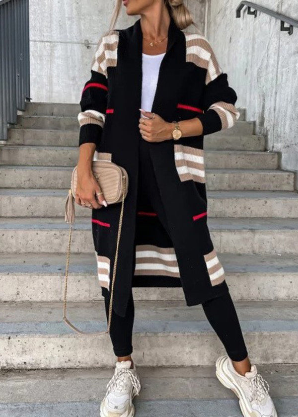 Grey V Neck Striped Knit Cardigan Fall