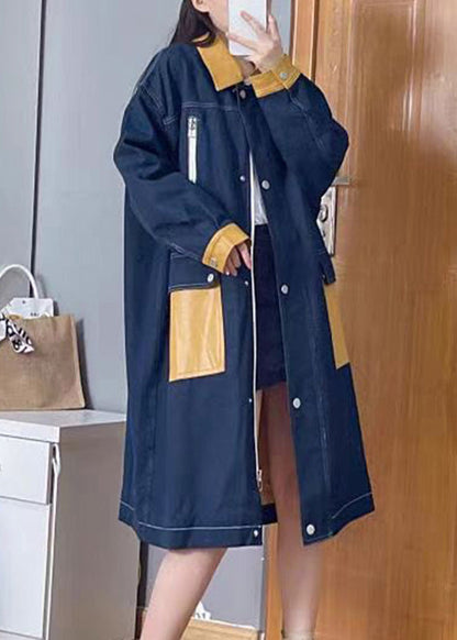 Denim Blue Peter Pan Collar Patchwork Zippered Button Linen Long Trench Coats Fall
