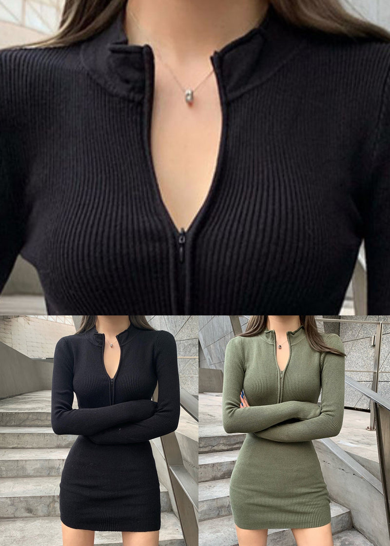 Army Green Knit Sweater Dress Zip Up Spring
