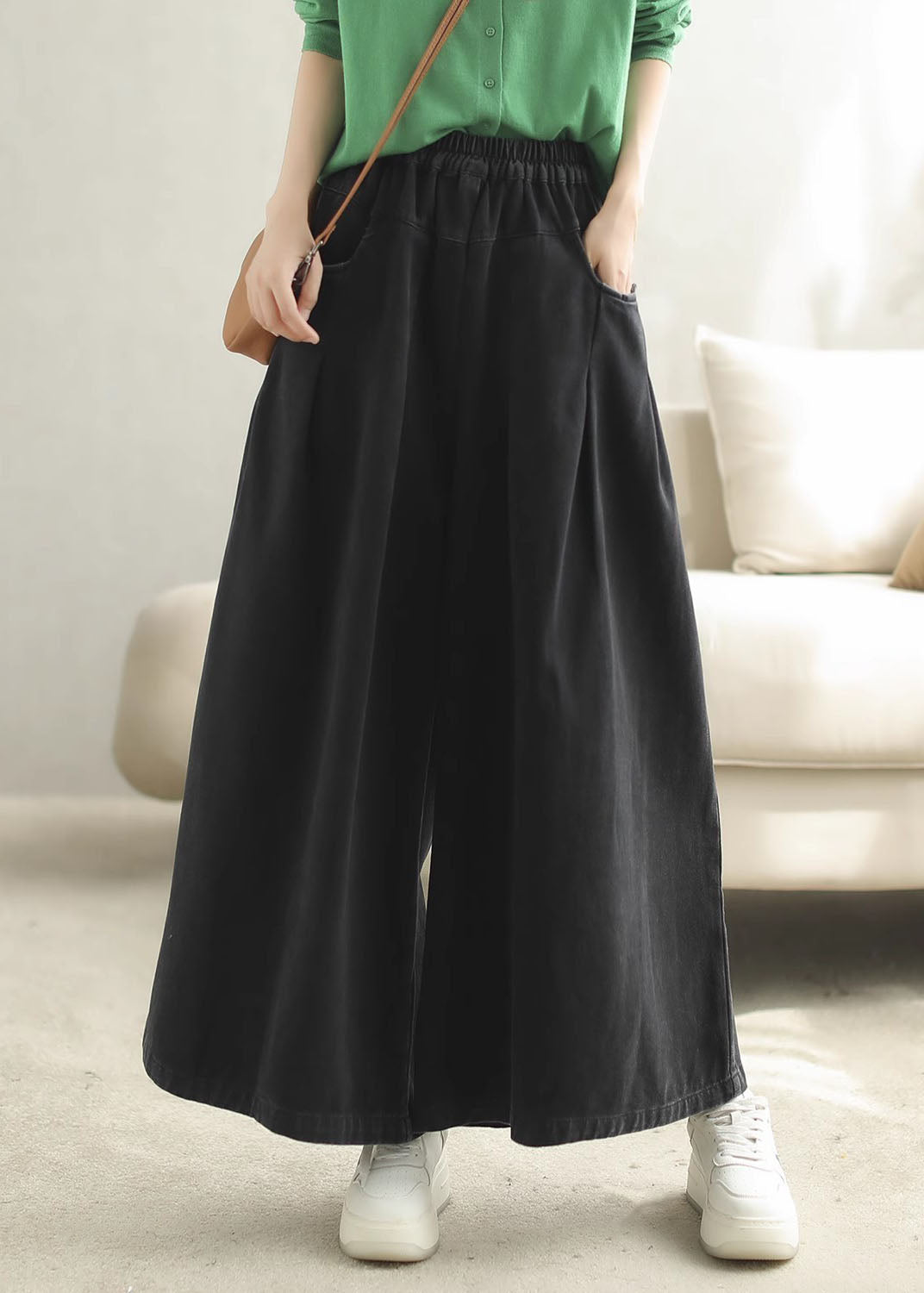 Red Pockets Elastic Waist Cotton Wide Leg Pants Spring