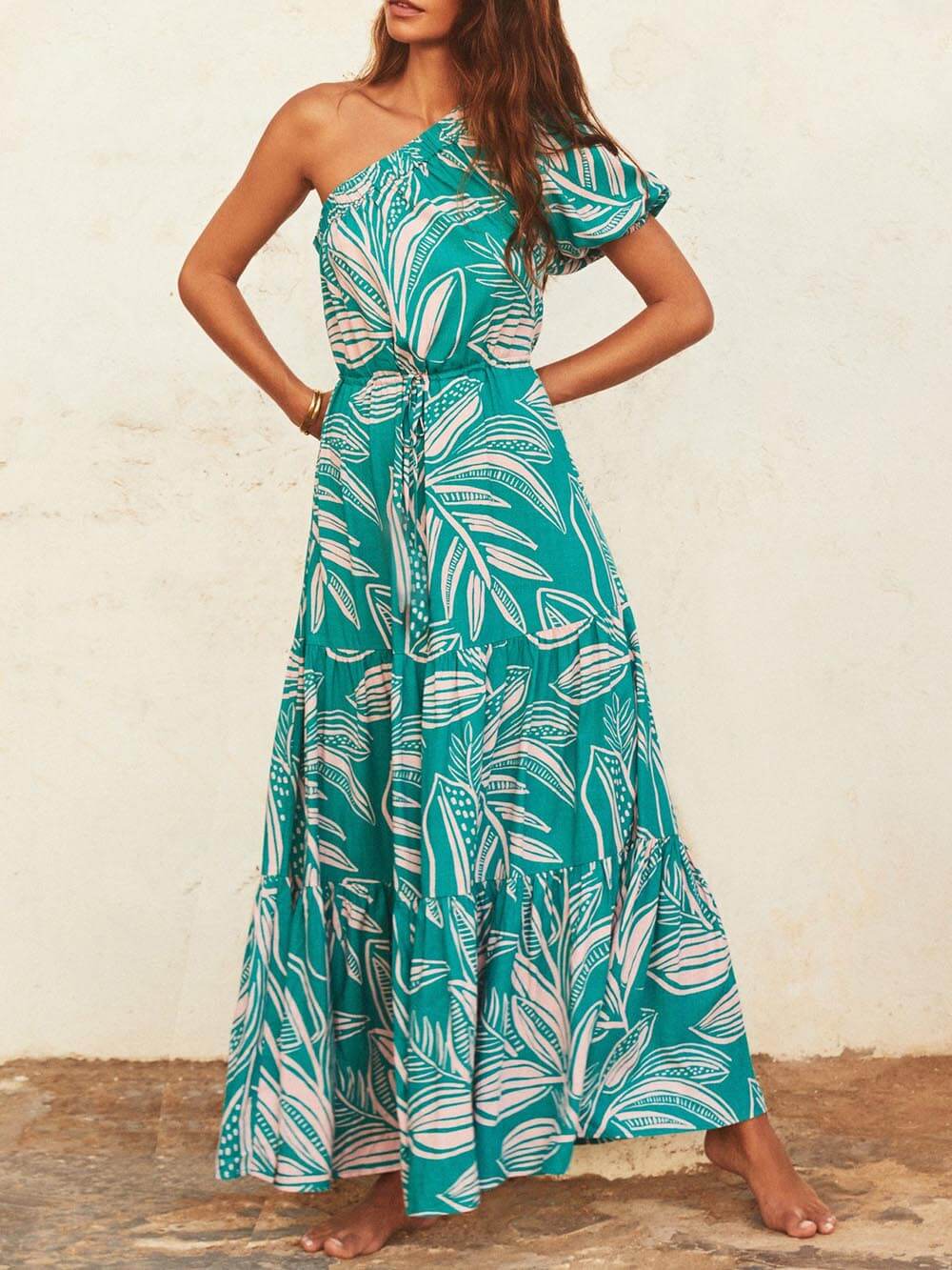 Off-shoulder Palm Leaf Print Holiday Style Dress