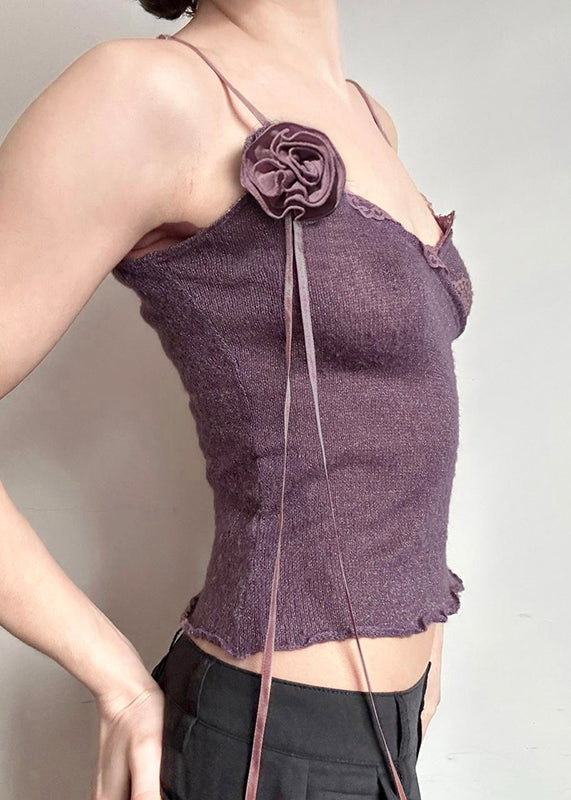 Slim Fit Purple Lace Knitting Cotton Spaghetti Strap Vest Sleeveless