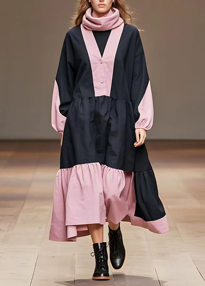 Pink Wrinkled Patchwork Maxi Dress Long Sleeve