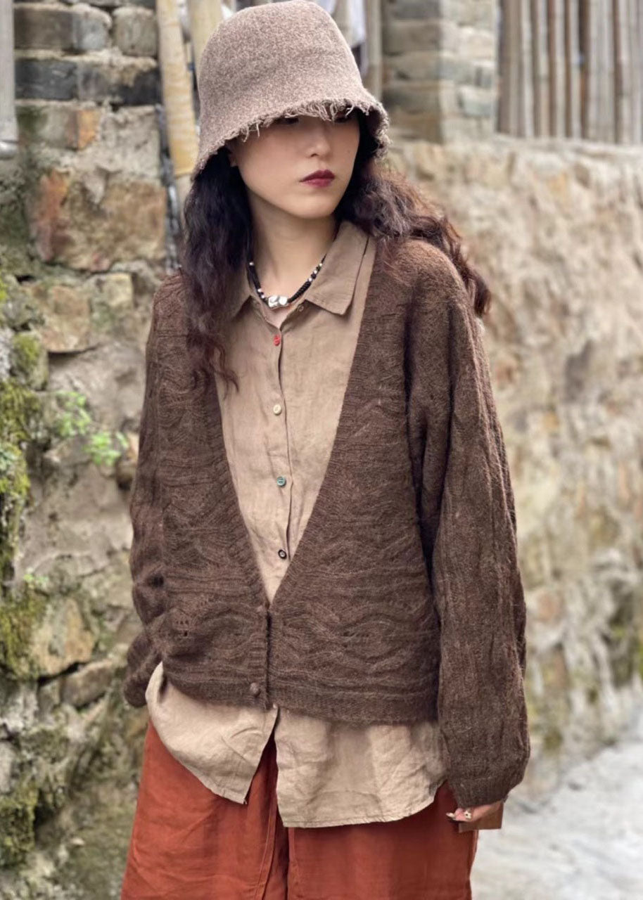 Chocolate Retro V Neck Button Fall Wool Knit Coat
