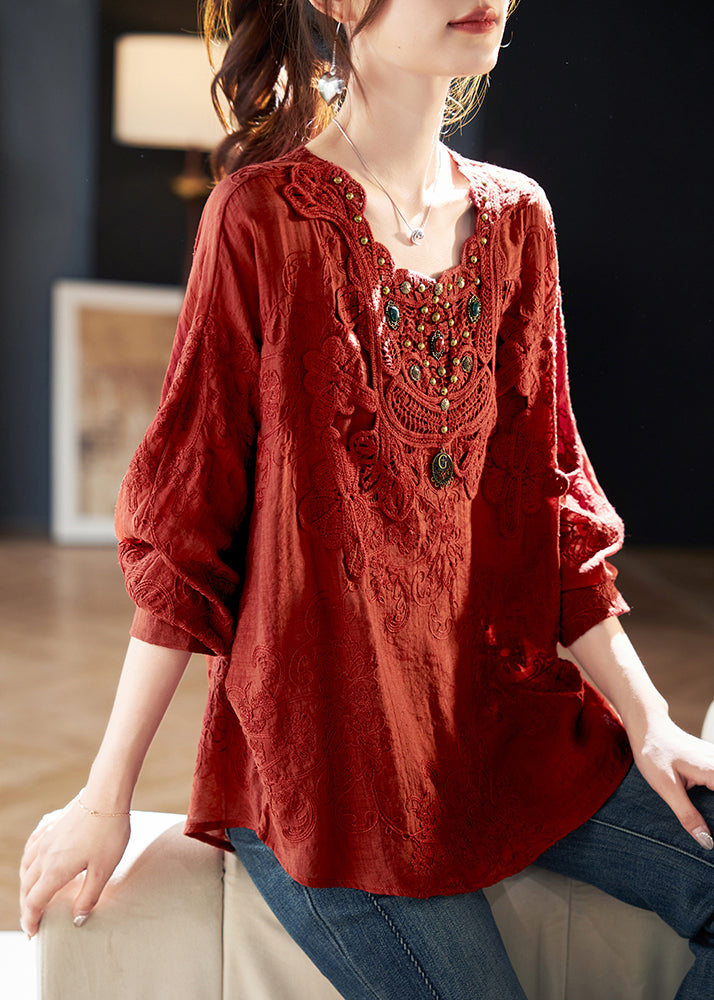 New Red Square Collar Embroidered Cotton Tops Spring