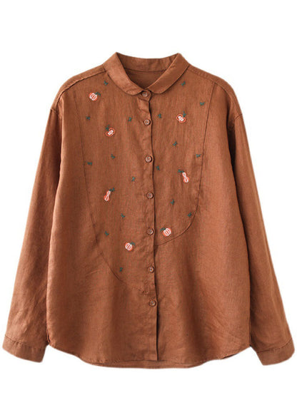 Orange Patchwork Linen Blouses Embroidered Spring