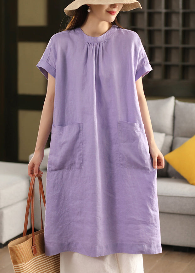 Purple Side Open Linen Dress O Neck