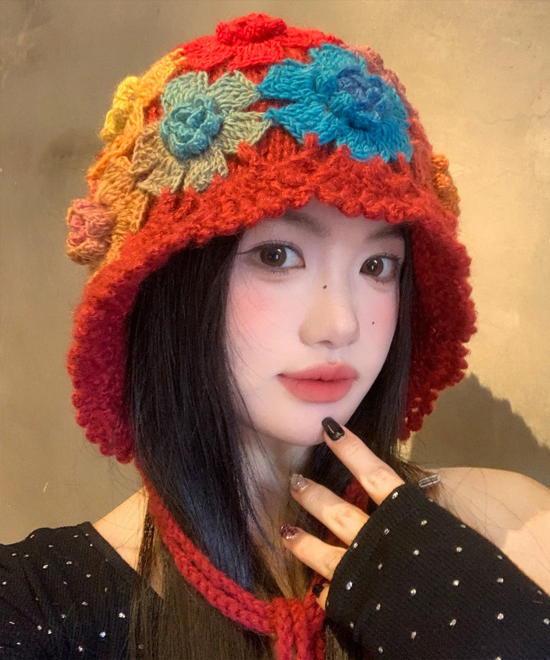 Style Red Flower Hollow Knitted Boonie Hat