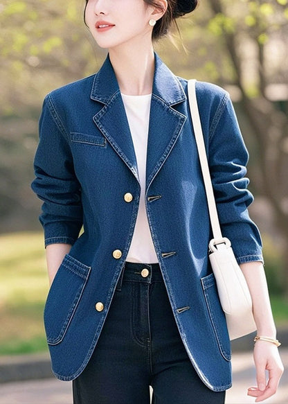 Stylish Blue Peter Pan Collar Button Pockets Denim Coat Spring