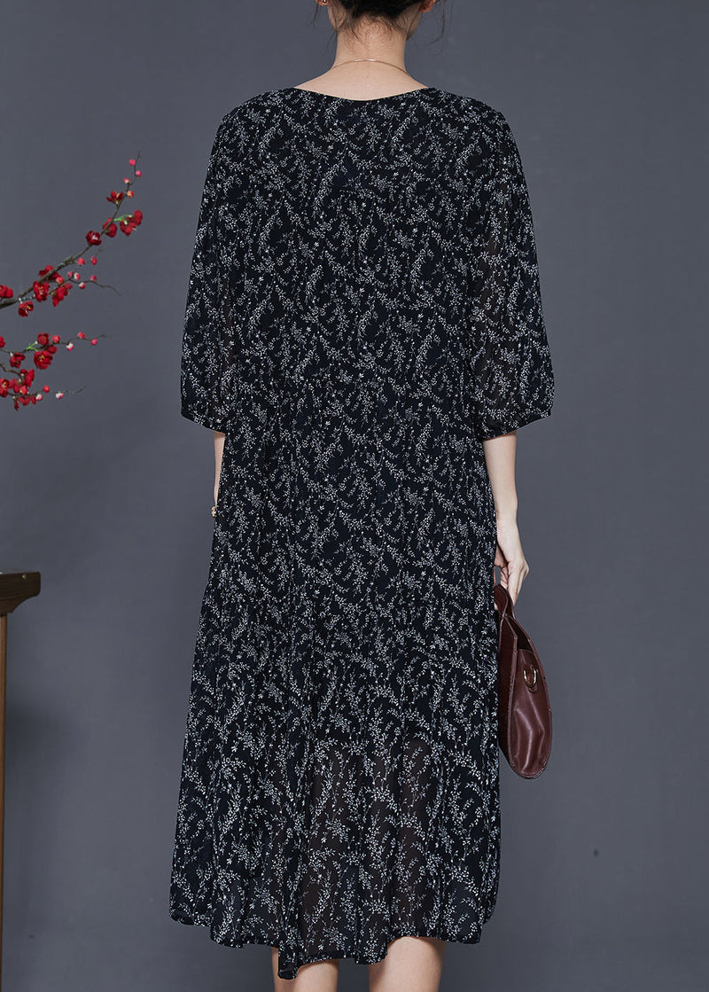 Black Oversized Print Chiffon Dress Half Sleeve