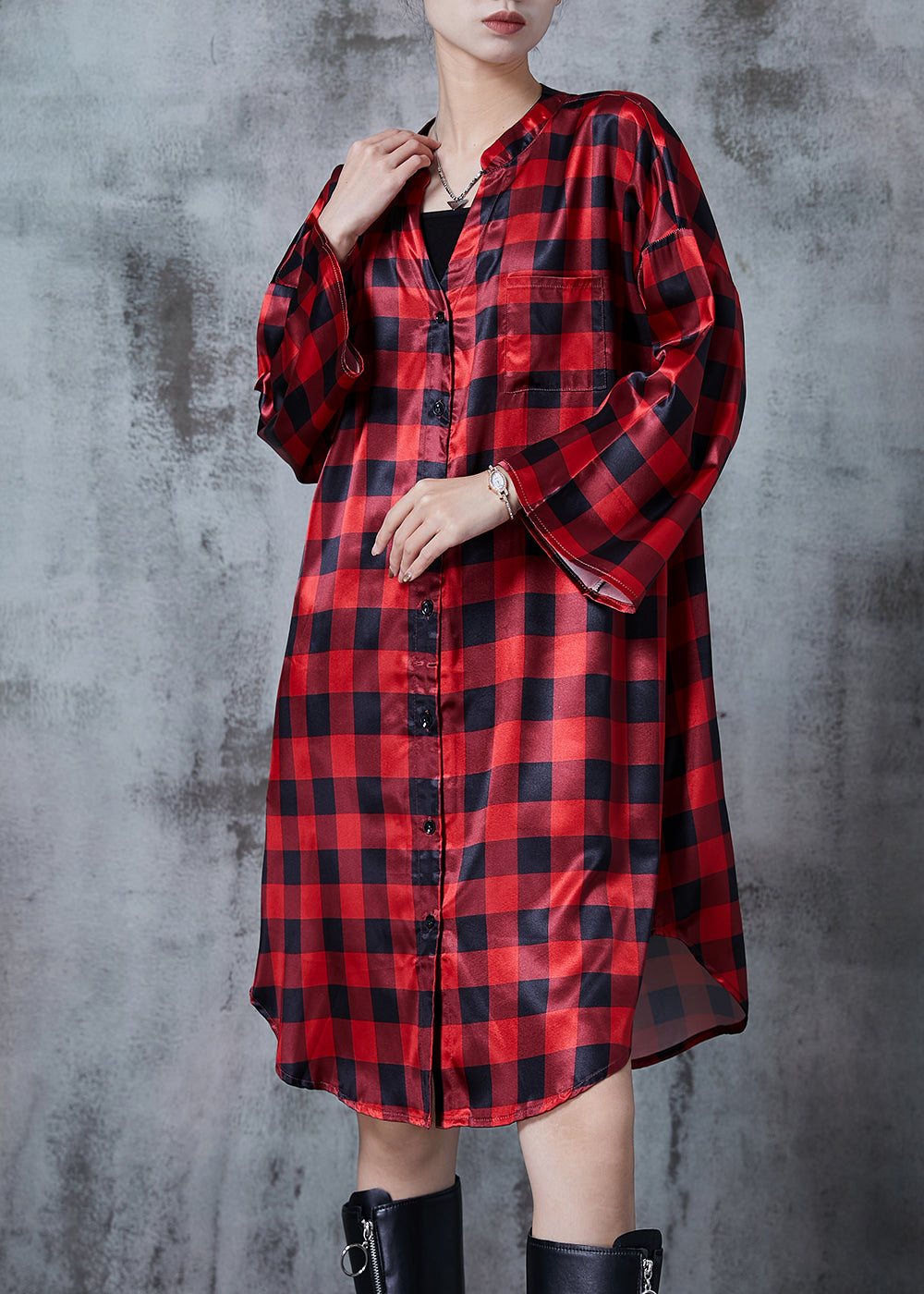 Red Oversized Plaid Shirt Dresses Fall