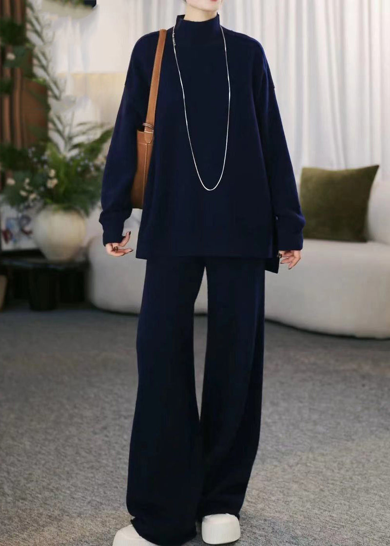 Loose Navy Turtleneck Cotton Knit Sweaters and Wide Leg Pants Two Piece Set Winter