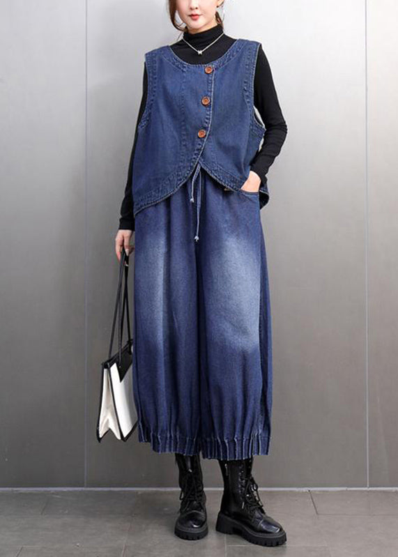 Boutique Blue O-neck Button Denim Waistcoat and Crop Pants Two Pieces Set Spring