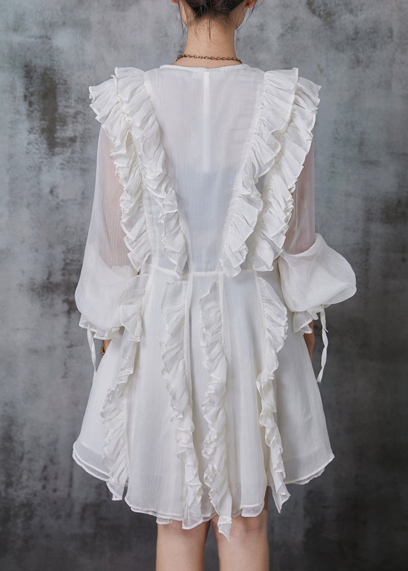 White Ruffled Chiffon Tea Dress Summer