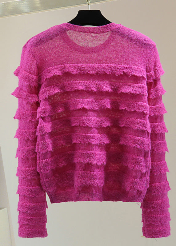 Rose Ruffled Patchwork Nail Bead Cotton Knit Sweater Winter