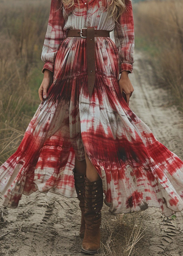 V Neck Tie Dye Cotton Pastoral Style Long Dress