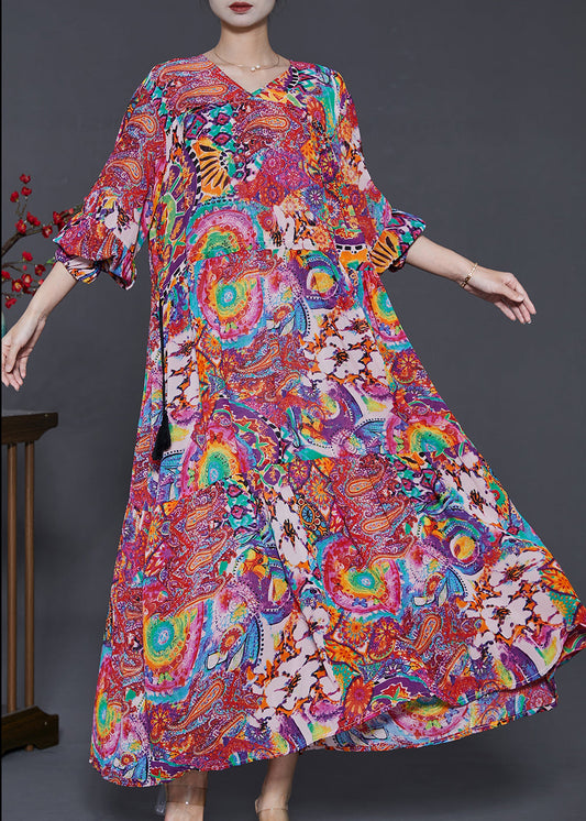 Purple Print Chiffon Holiday Dress Cinched Exra Large Hem Summer