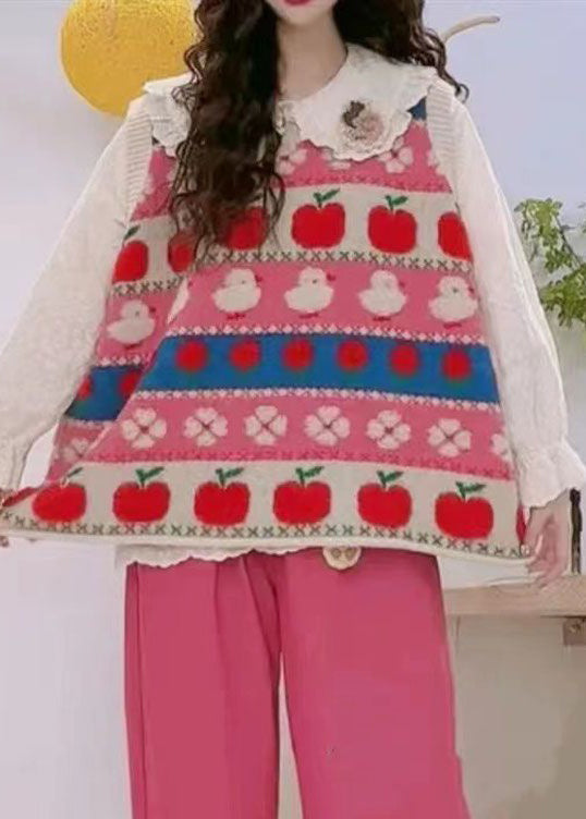 Pink Embroideried Patchwork Cozy Cotton Knit Waistcoat Sleeveless