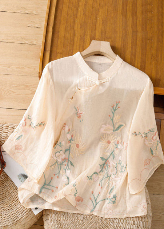 Chinese Style Apricot Embroidered Button Shirt Spring