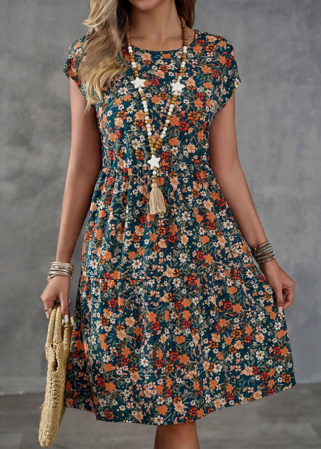 Classy Green O Neck Print Elastic Waist Cotton Dresses Summer