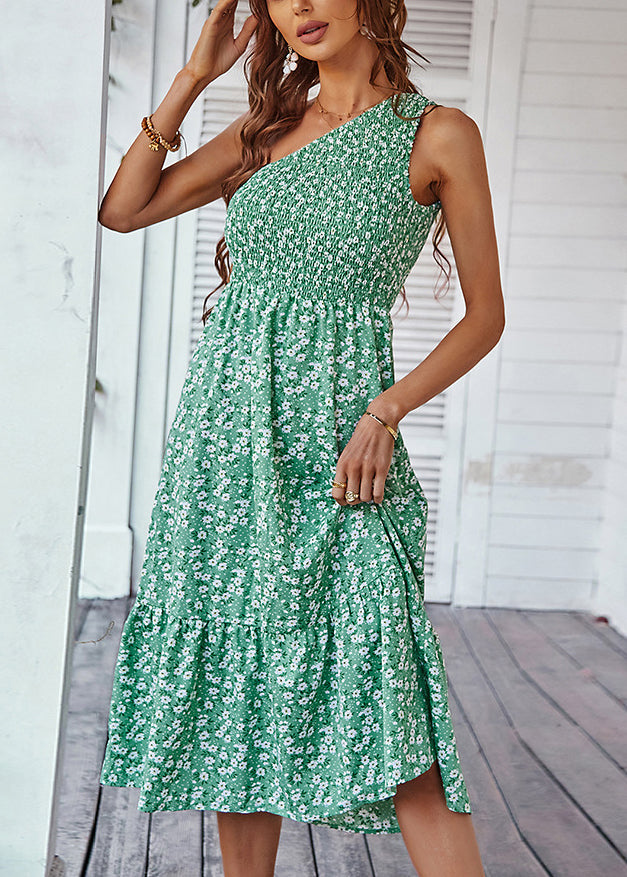 European and American Style Blue One Shoulder Print Cotton Dresses Summer