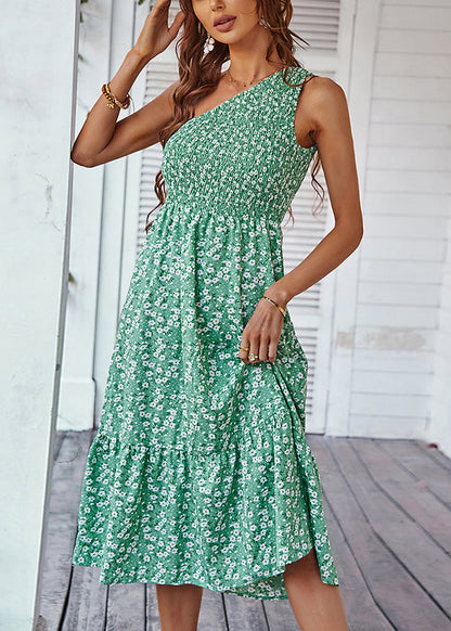 European and American Style Blue One Shoulder Print Cotton Dresses Summer