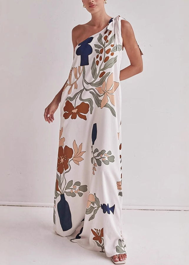 Italian White One Shoulder Print Cotton Vacation Dresses Summer