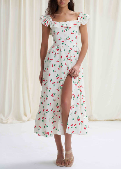 Fine White Ruffled Print Side Open Cotton Dress Summer