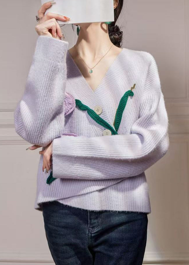 Purple Asymmetrical Button Knit Cardigan Winter