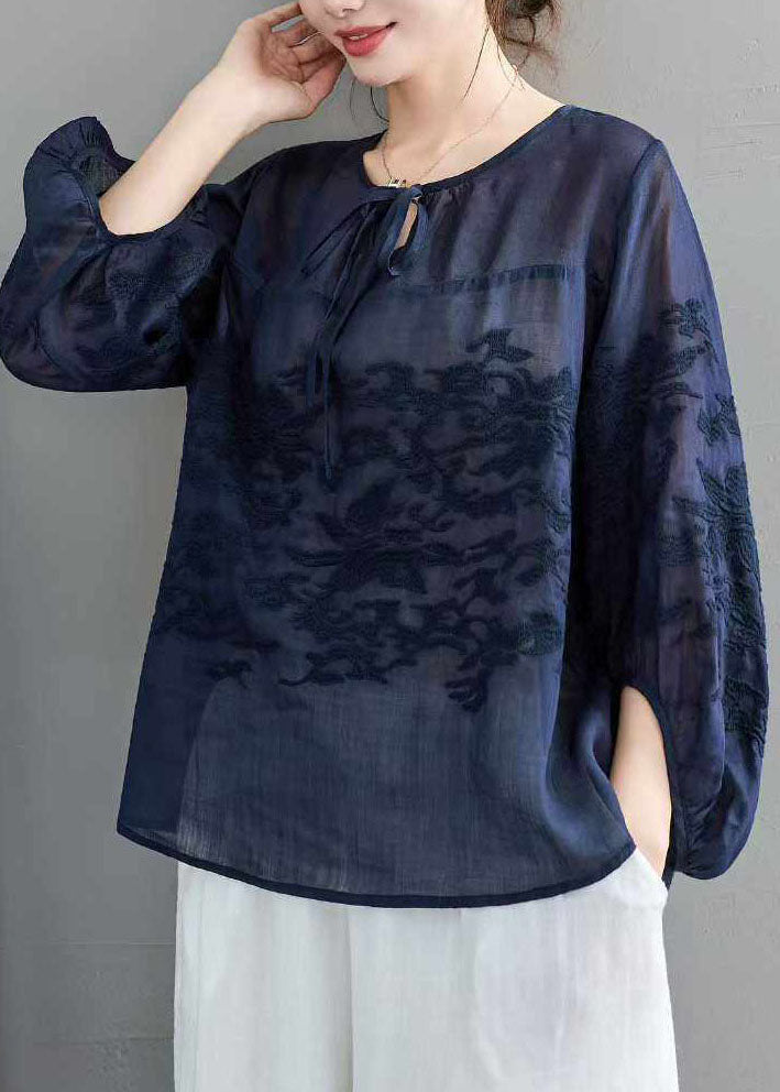 Retro Green Embroidery Lace Up Linen Top Summer