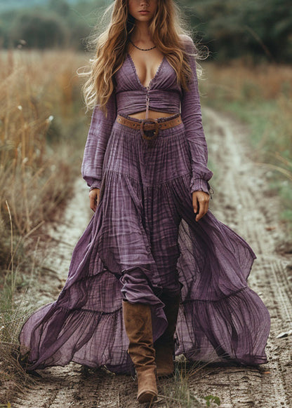 Purple V Neck Hollow Out Wrinkled Cotton Maxi Dress Spring