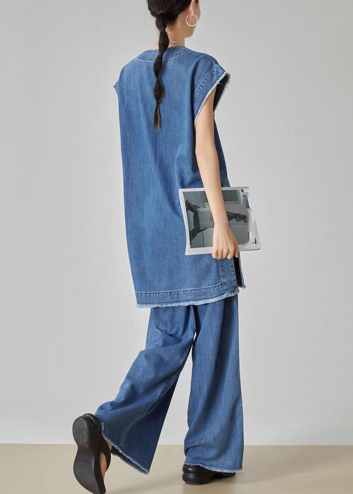 Blue O-neck Patchwork Denim T Shirt Dress and Jeans Two Piece Set Summer