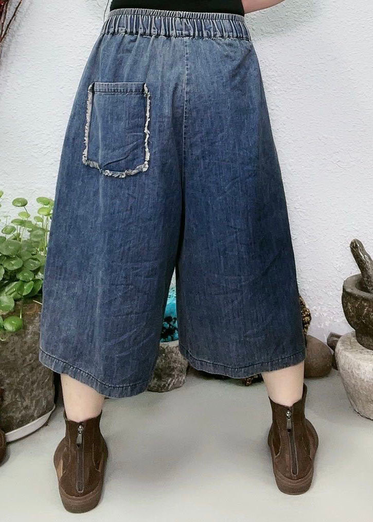 Red Pockets Patchwork Denim Wide Leg Pants Summer