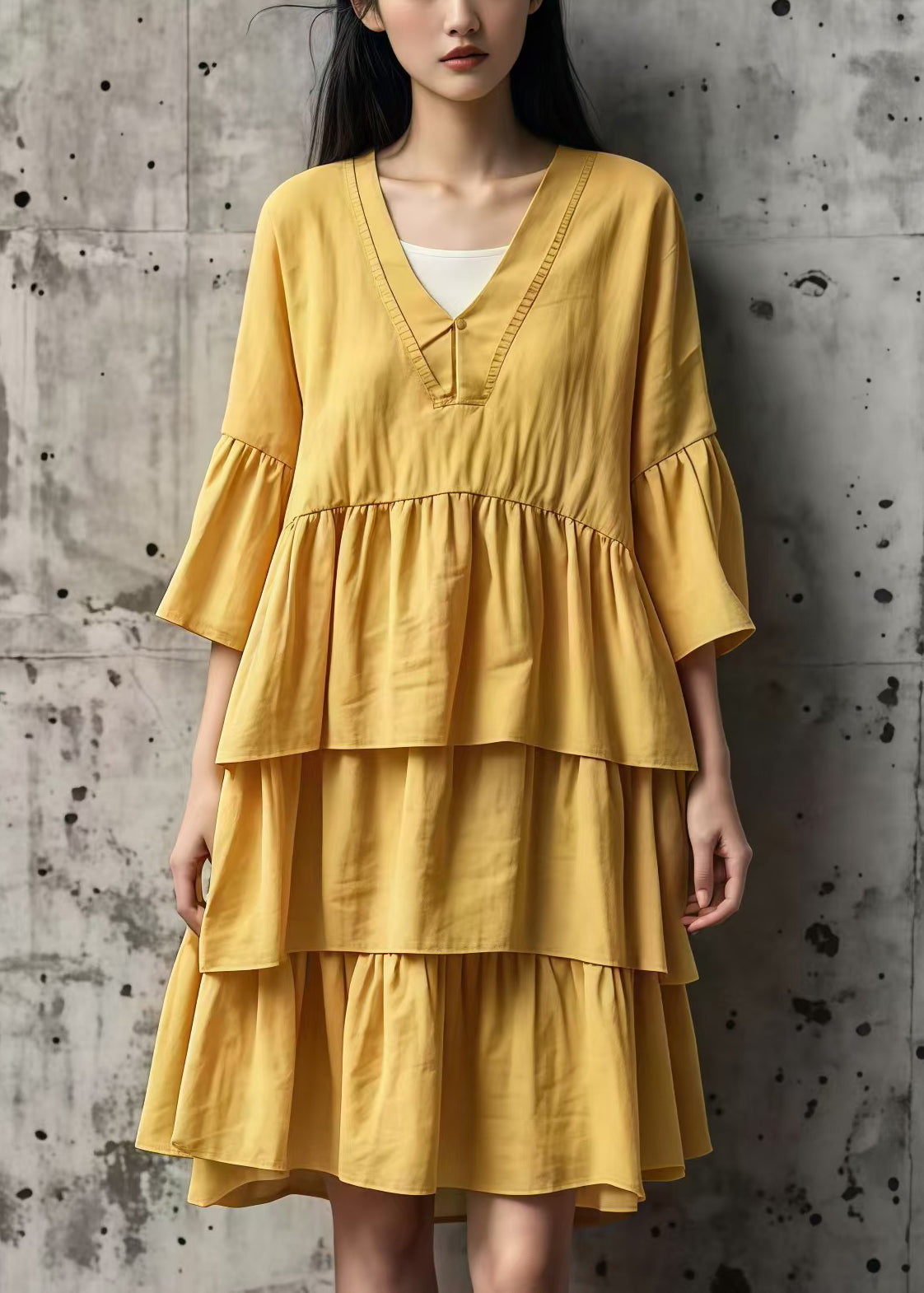 Yellow Oversized Layered Cotton Maxi Dresses Summer