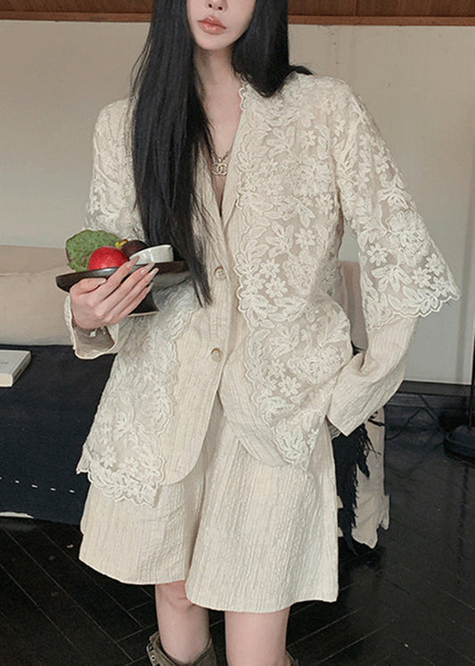 New Beige Peter Pan Collar Coat Cardigans and Shorts Linen Suit Set Spring