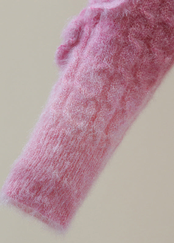 Pink V Neck Zippered Cotton Knit Sweaters Winter