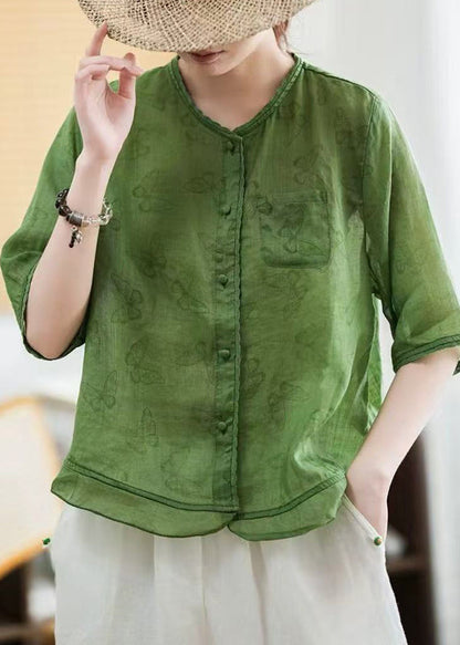 Green Butterfly Print Patchwork Linen Blouse Tops Half Sleeve