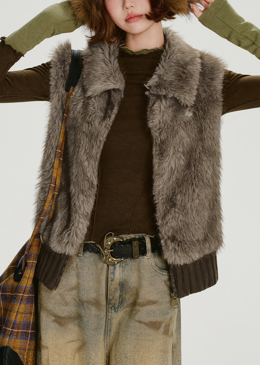 Brown Oversized Patchwork Faux Fur Vests Winter