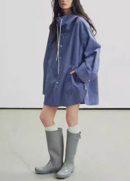 Blue Hooded Plaid Cotton Trench Fall