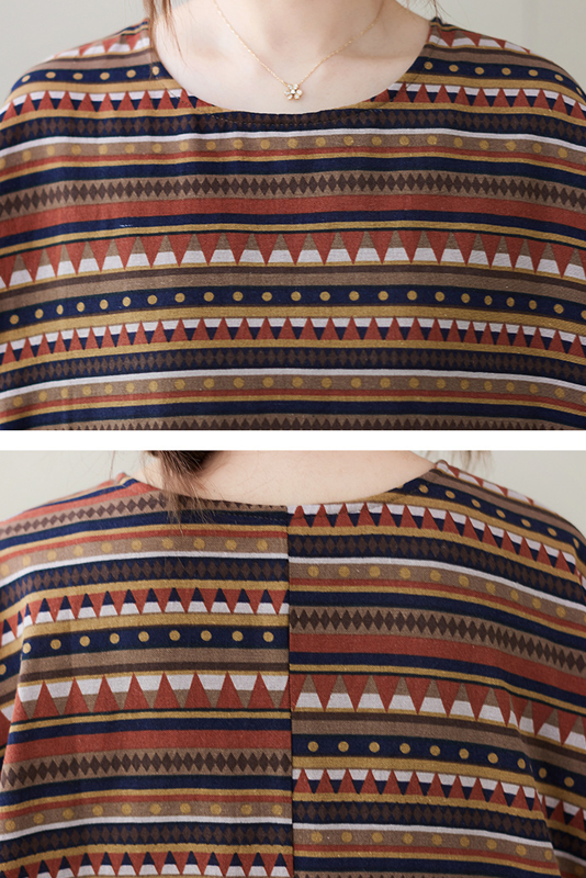 Summer Retro Coffee Striped Dress Cotton Linen Short-sleeved Long Dress